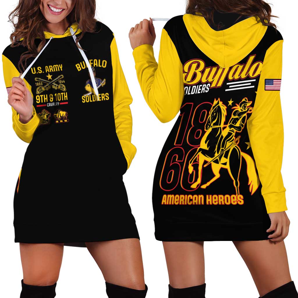 Two-color hooded sweatshirt dress with Buffalo Soldiers graphic, front and back views