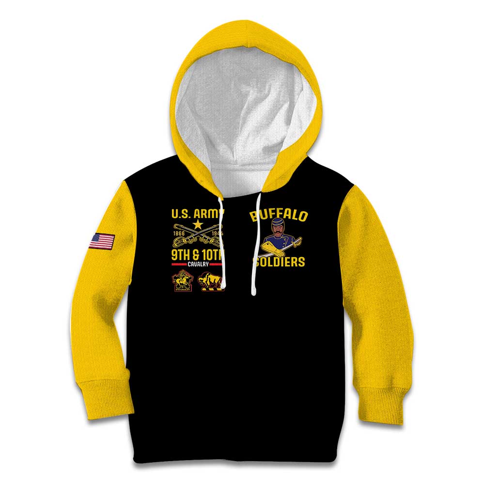 Kids two-tone pullover hoodie, black body with yellow hood and sleeves, front graphic