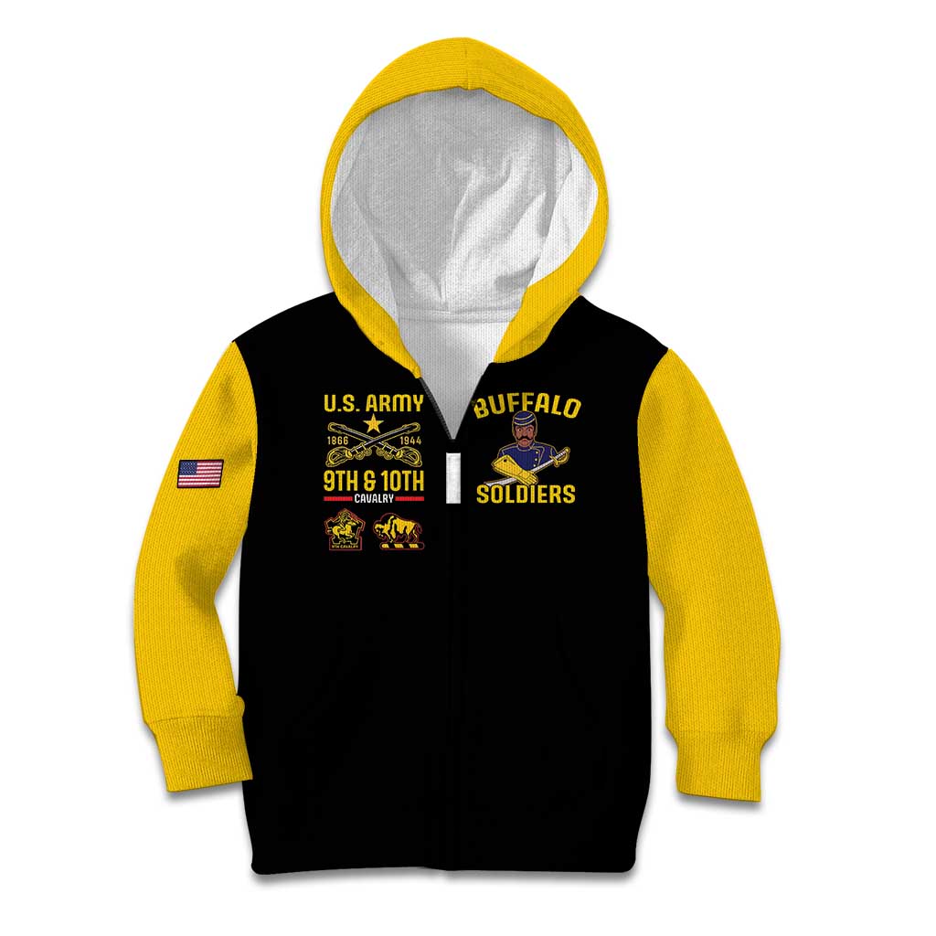 Kids two-tone pullover hoodie with U.S. Army print; black front with Buffalo Soldiers text