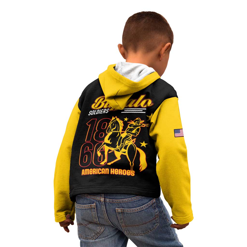 Kids two-tone pullover hoodie, rear Buffalo Soldiers horse and 'American heroes' print