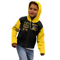 Kids two-tone pullover hoodie with kangaroo pocket; yellow sleeves, black front graphic and flag patch