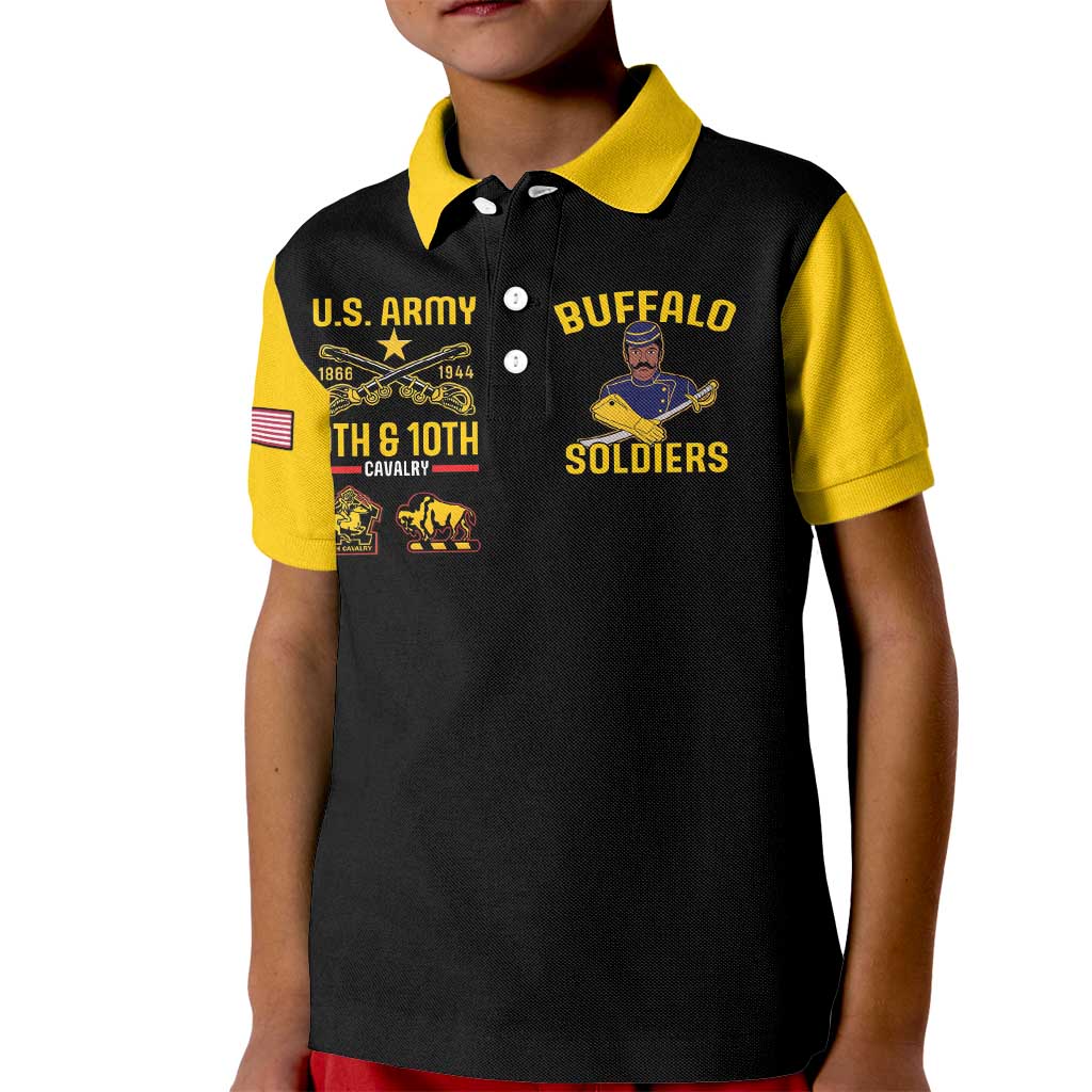 Kids black polo shirt with yellow collar and U.S. Army Buffalo Soldiers front graphic