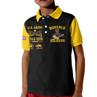 Kids black polo shirt with yellow collar and U.S. Army Buffalo Soldiers front graphic