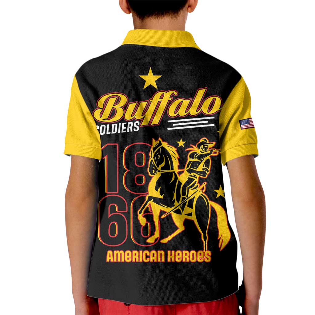 Kids black polo shirt with yellow collar and Buffalo Soldiers 1866 graphic on back