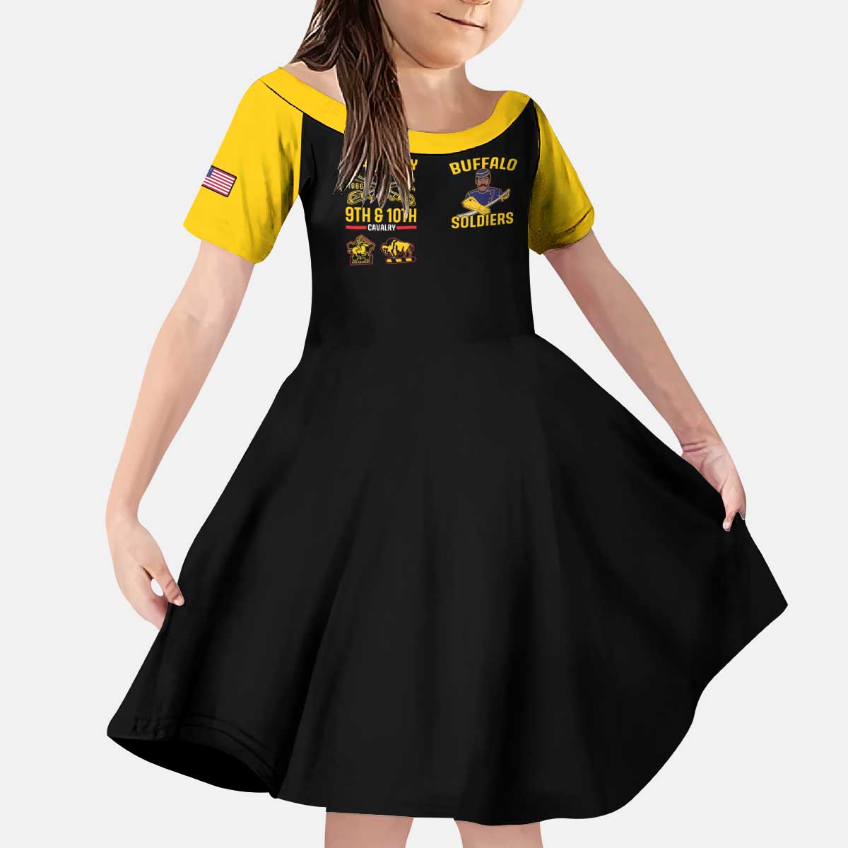 Kids short sleeve dress, black skirt with yellow top and graphic Buffalo Soldiers print