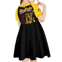 Kids short sleeve dress, yellow yoke and black skirt with Buffalo Soldiers logo and horse graphic