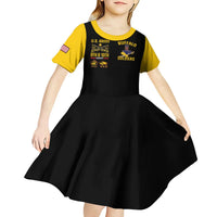 Kids short sleeve dress, black skirt with yellow sleeves and U.S. flag patch, Buffalo Soldiers print