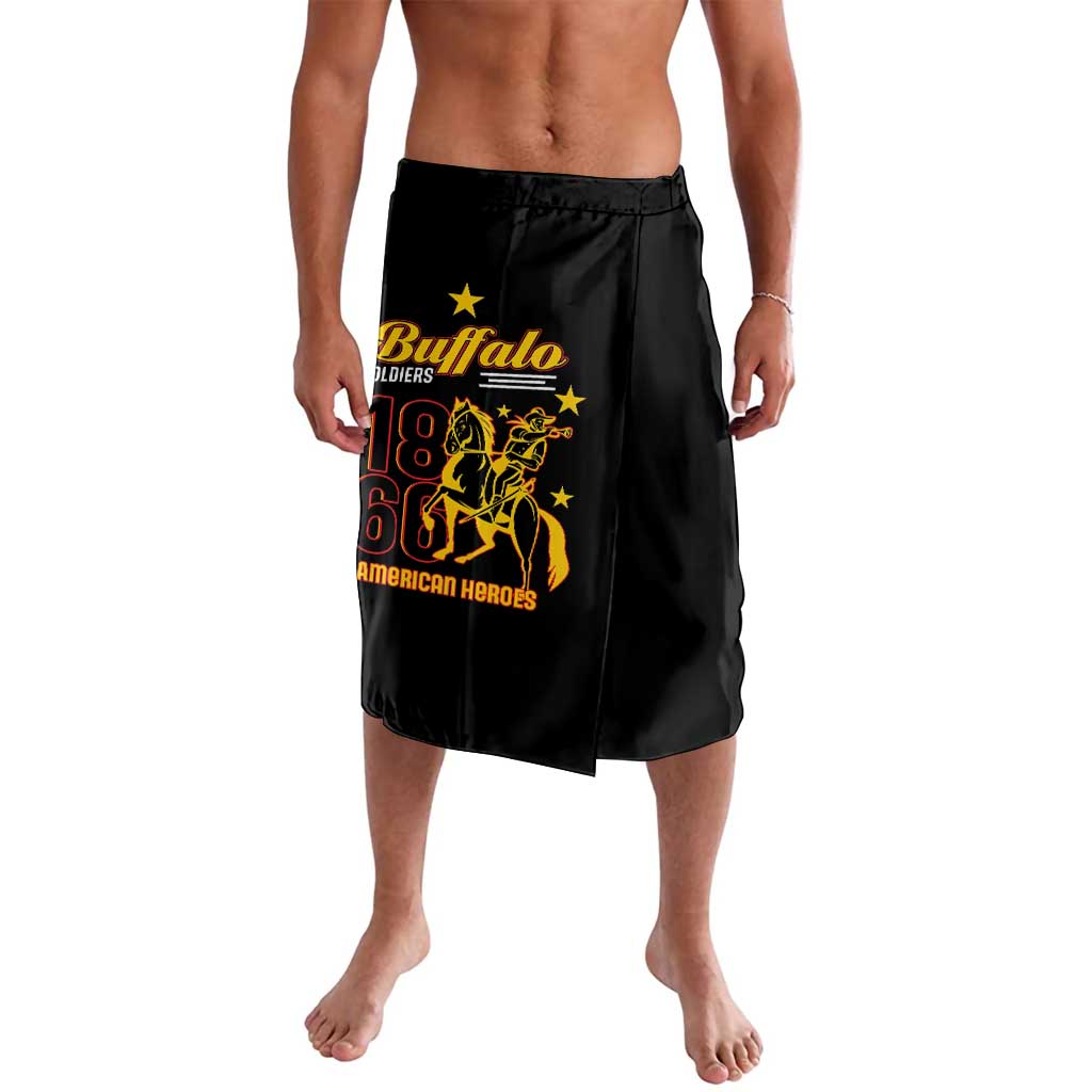 Black lavalava wrap skirt with yellow Buffalo Soldiers graphic and text, front view