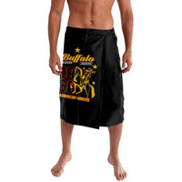 Black lavalava wrap skirt with yellow Buffalo Soldiers graphic and text, front view