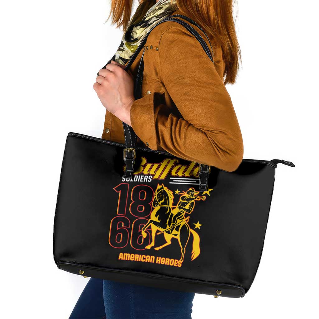 Black leather tote bag with colorful Buffalo American Heroes graphic and side zipper