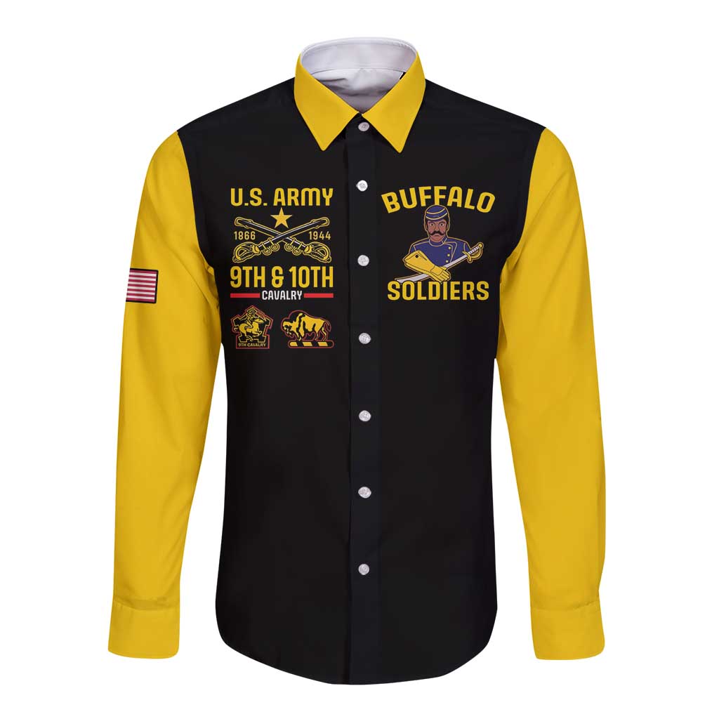Unisex black shirt with yellow sleeves, front U.S. Army Buffalo Soldiers patch graphic