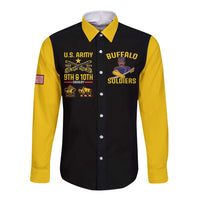Unisex black shirt with yellow sleeves, front U.S. Army Buffalo Soldiers patch graphic
