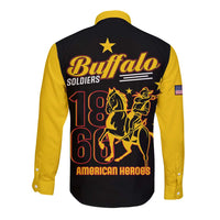 Unisex black long-sleeve button shirt with yellow sleeves, back Buffalo Soldiers graphic