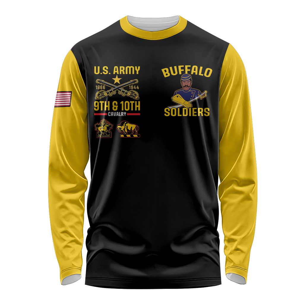 Black long-sleeve shirt with yellow sleeves, Buffalo Soldiers front graphic and U.S. Army badge