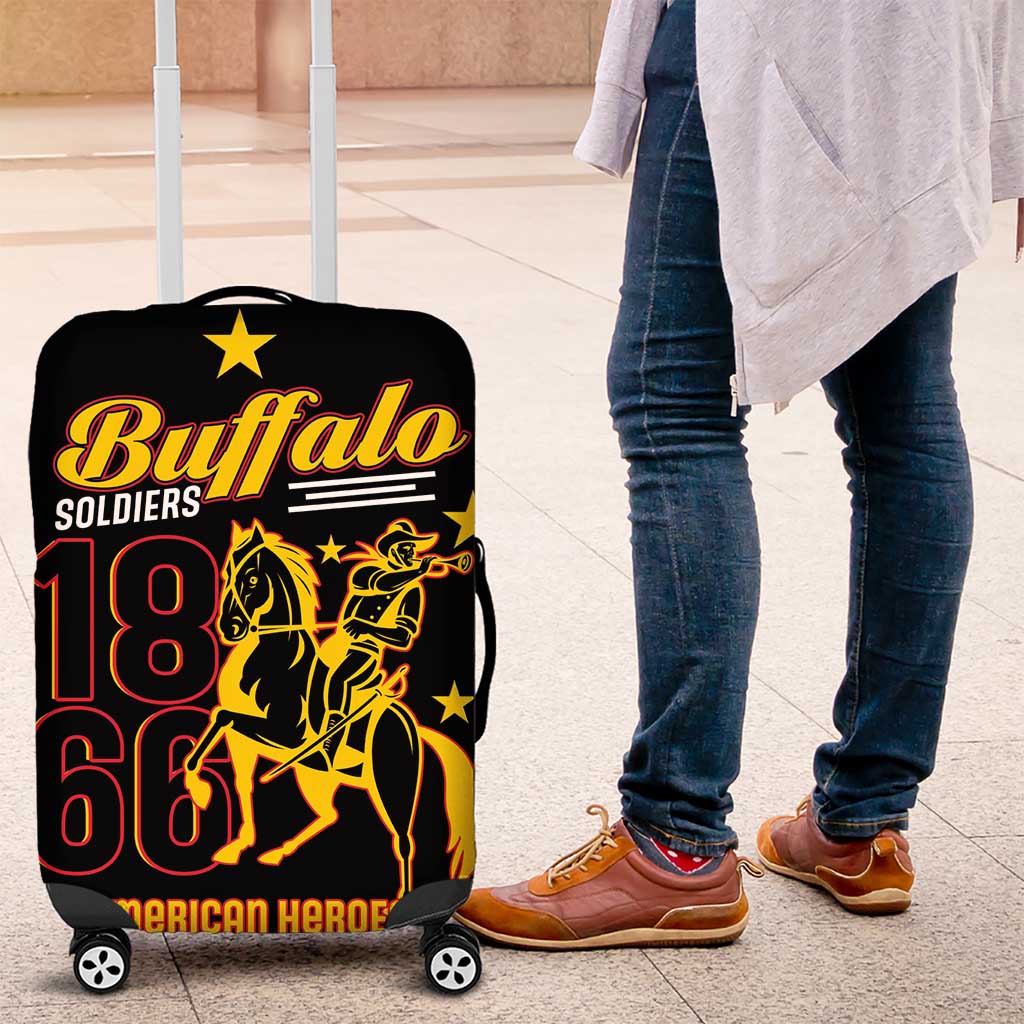 Black luggage cover with Buffalo Soldiers graphic and colorful horse rider print