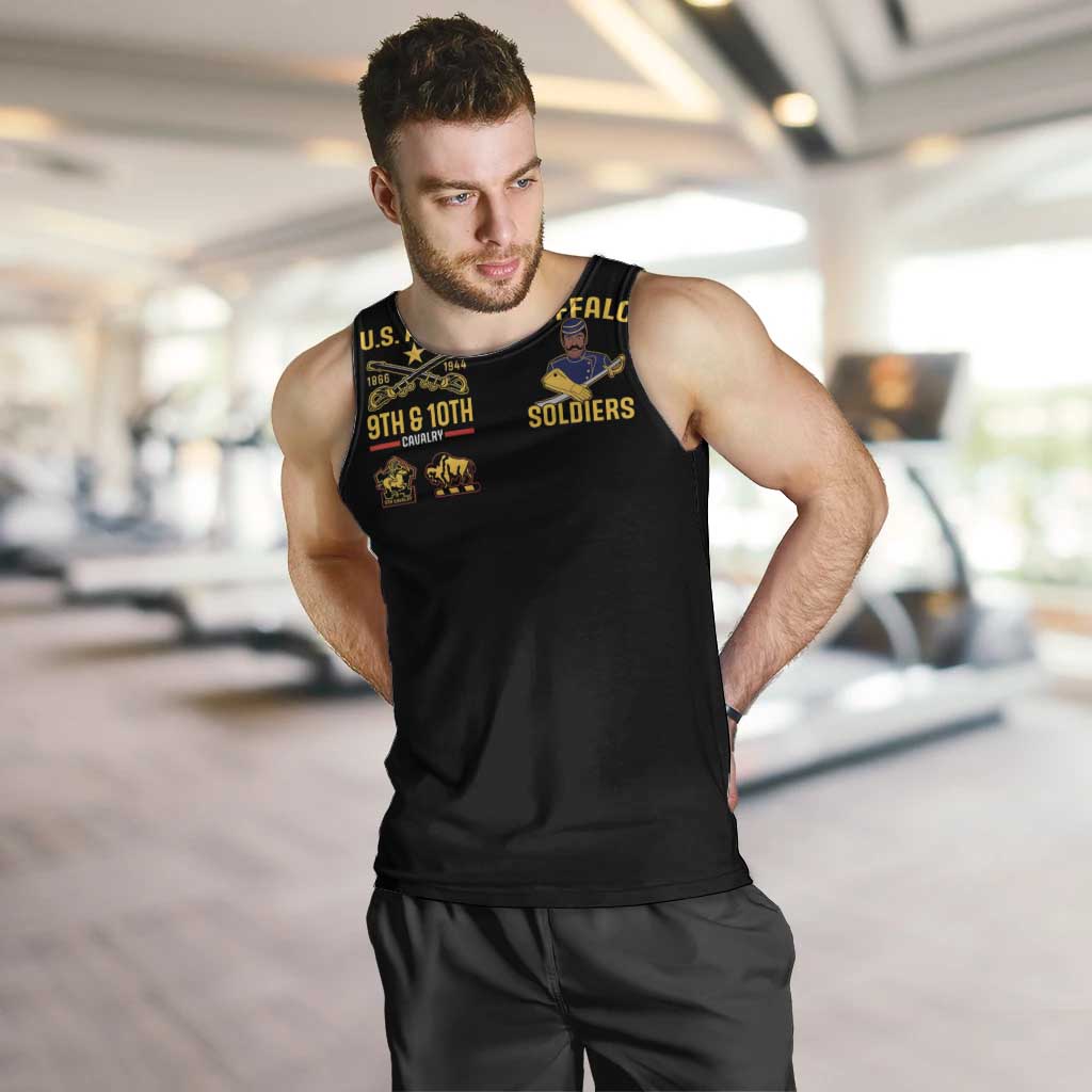 Black sleeveless tank top with colorful 9th & 10th Cavalry Soldiers front graphic