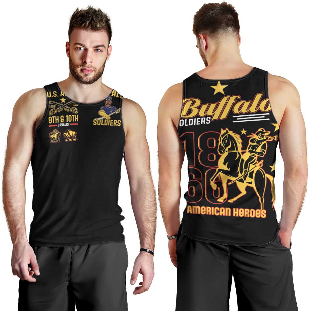 Black sleeveless tank top showing front and back Soldiers prints