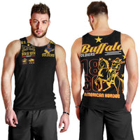 Black sleeveless tank top showing front and back Soldiers prints