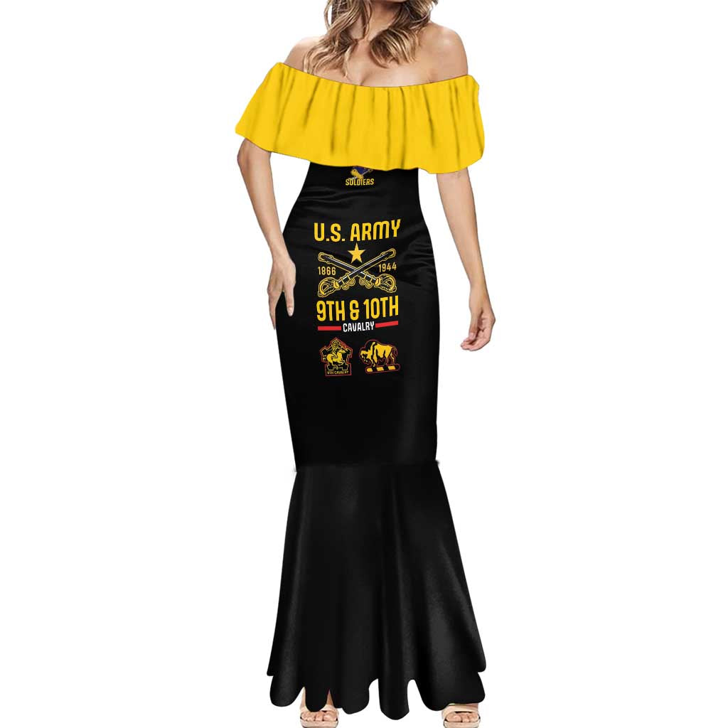 Black mermaid dress with yellow off-shoulder ruffle and U.S. Army front emblem
