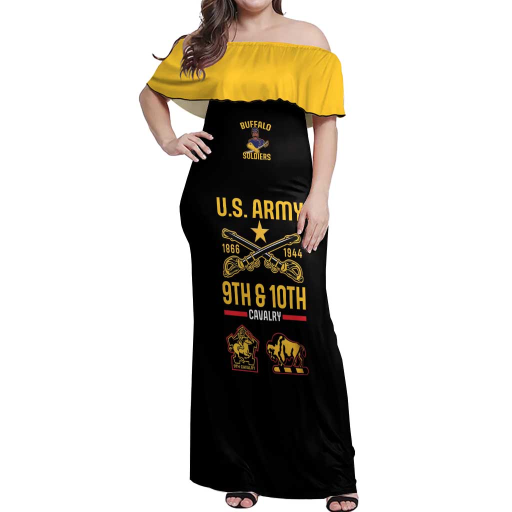 Off-shoulder maxi dress, black with yellow top and U.S. Army graphic print front