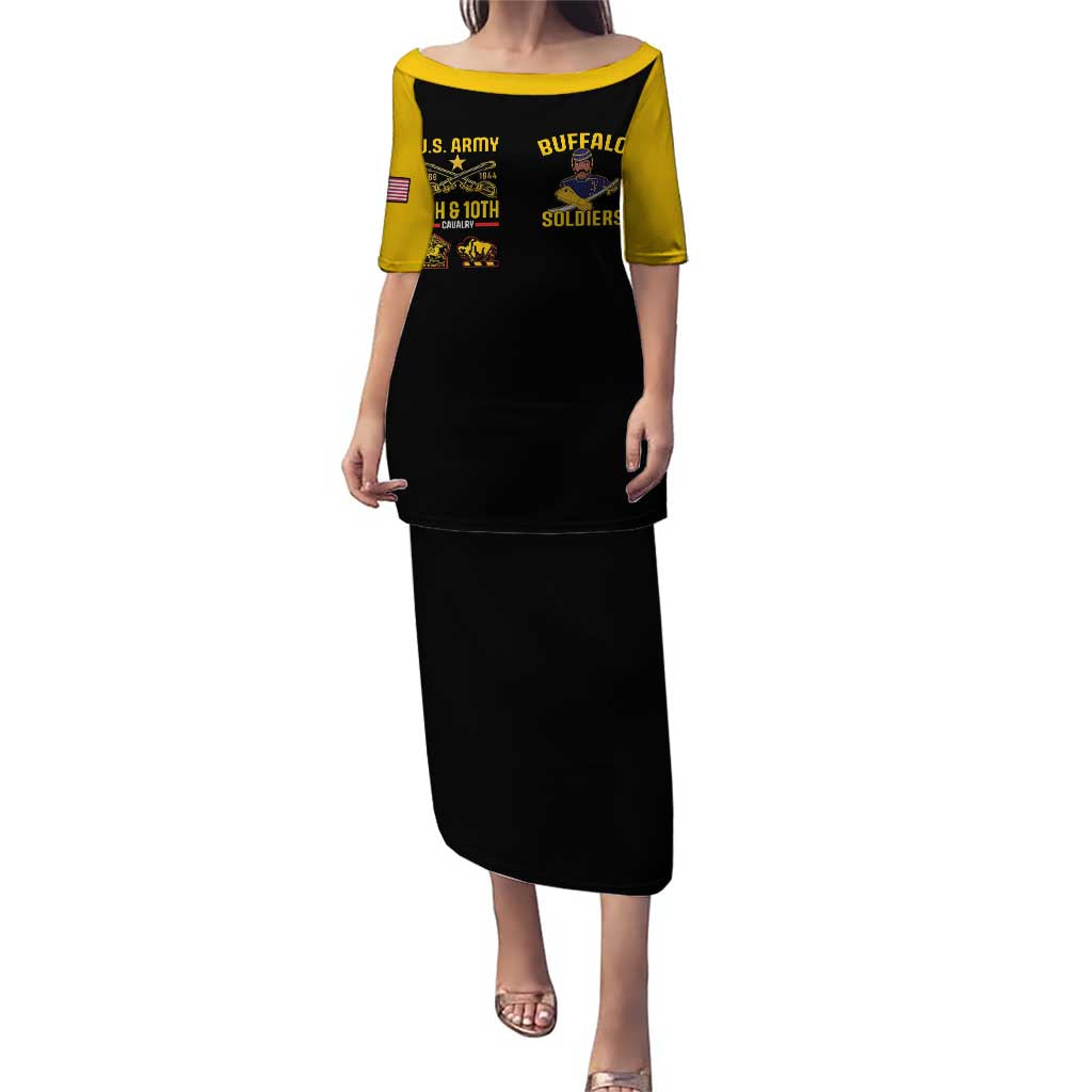Black long dress with yellow off-shoulder neckline and cap sleeves; front graphic print