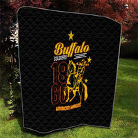 Black quilt blanket with diamond quilting and centered gold-and-red Buffalo emblem, 18 61