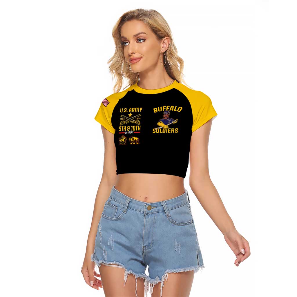 Cropped raglan T-shirt, black body with yellow sleeves and Buffalo Soldiers front graphic