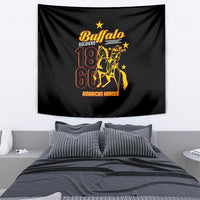 Black Buffalo Soldiers tapestry featuring gold “18 66” rider graphic, centered on wall.