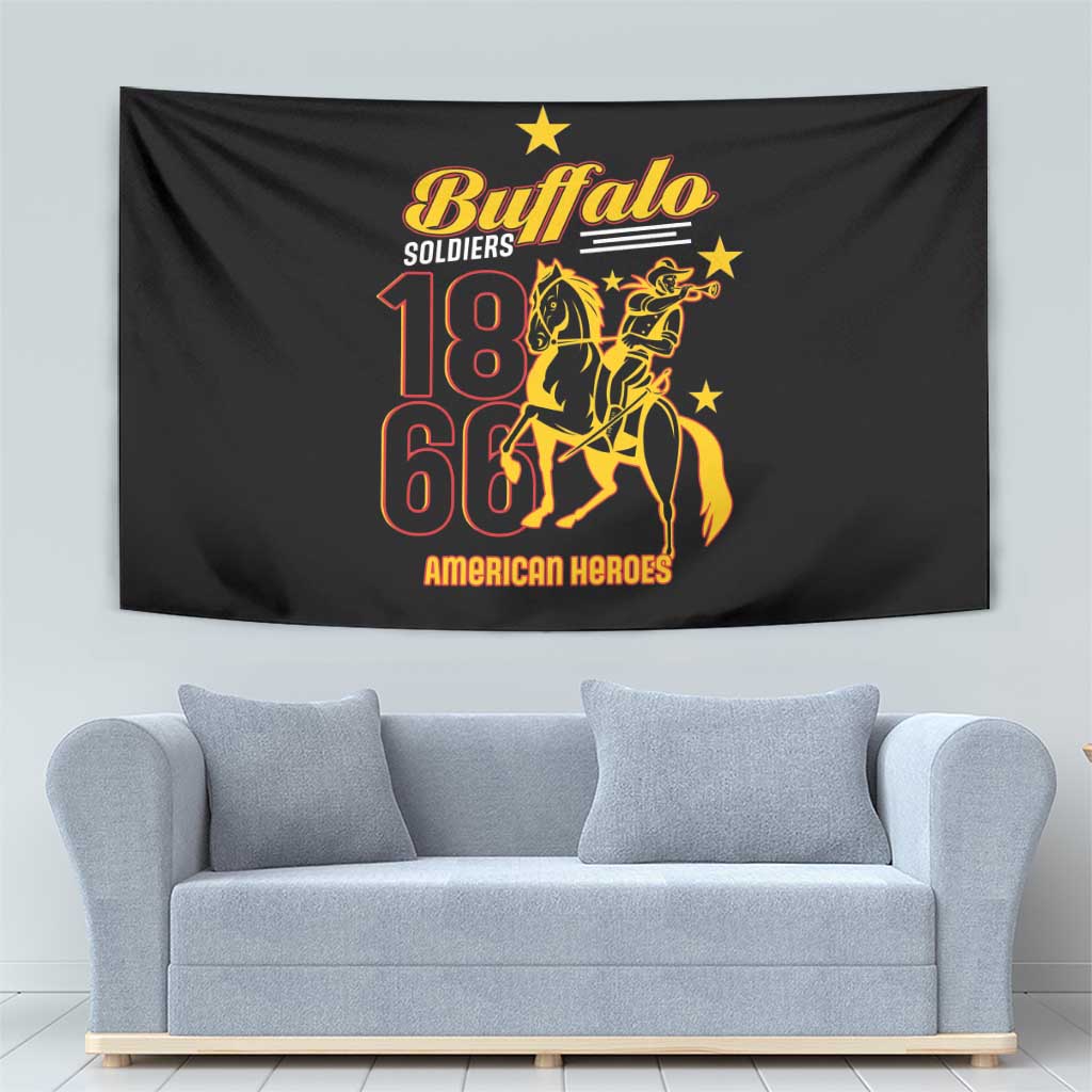 Black Buffalo Soldiers tapestry with gold “Buffalo” logo and “18 66” rider graphic.