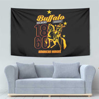 Black Buffalo Soldiers tapestry with gold “Buffalo” logo and “18 66” rider graphic.
