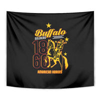 Black Buffalo Soldiers tapestry close view with gold stars and “18 66” rider graphic.