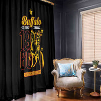 Black window curtain panel with Buffalo Soldiers 1866 emblem and gold cavalry rider