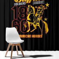 Black window curtain panel featuring Buffalo Soldiers 1866 and cavalry rider graphic