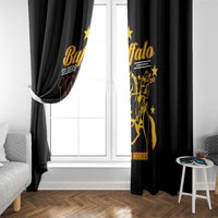 Black window curtain panels with Buffalo Soldiers 1866 emblem and gold cavalry rider