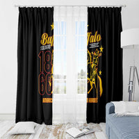 Black window curtain panels with Buffalo Soldiers 1866 emblem and gold cavalry rider