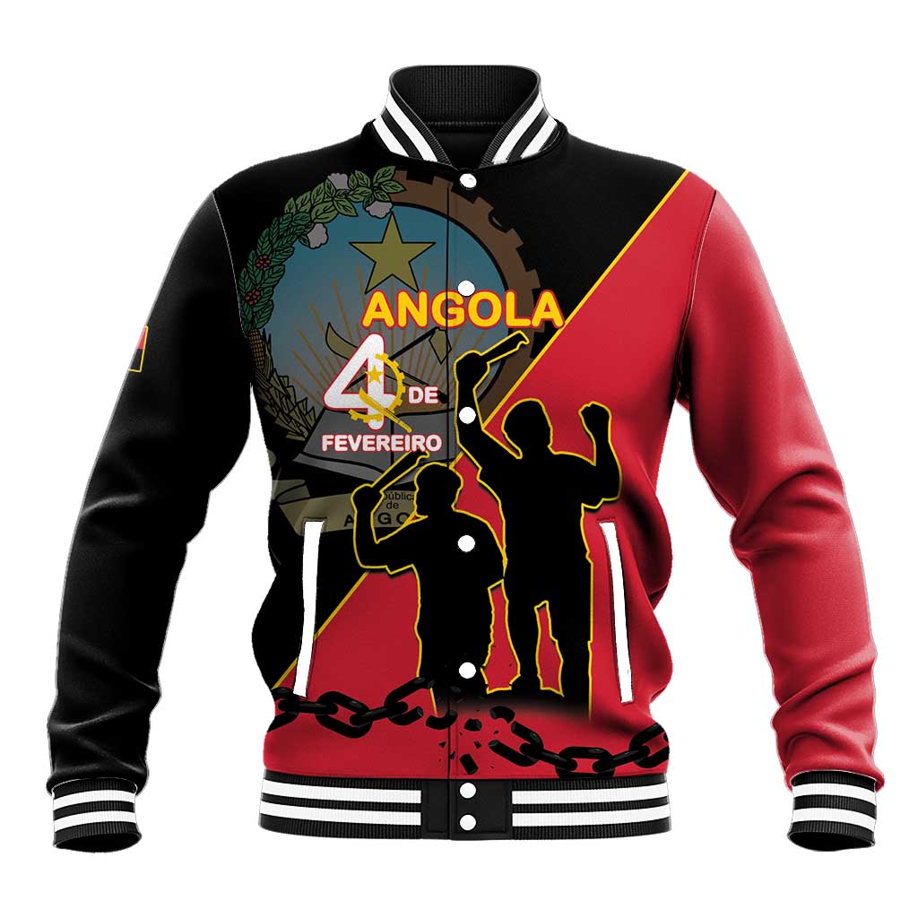 Personalized Angola baseball jacket, red and black with striped collar and front graphic