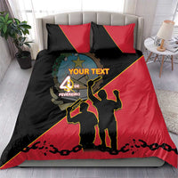 Personalised black and red duvet set with 'YOUR TEXT' graphic silhouettes and two square pillows