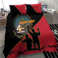 Personalised bedding set featuring a large 'YOUR TEXT' print on a black-and-red duvet, with two pillows