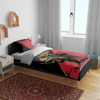 Personalised black and red bedding set with 'YOUR TEXT' print and two pillows in matching colors