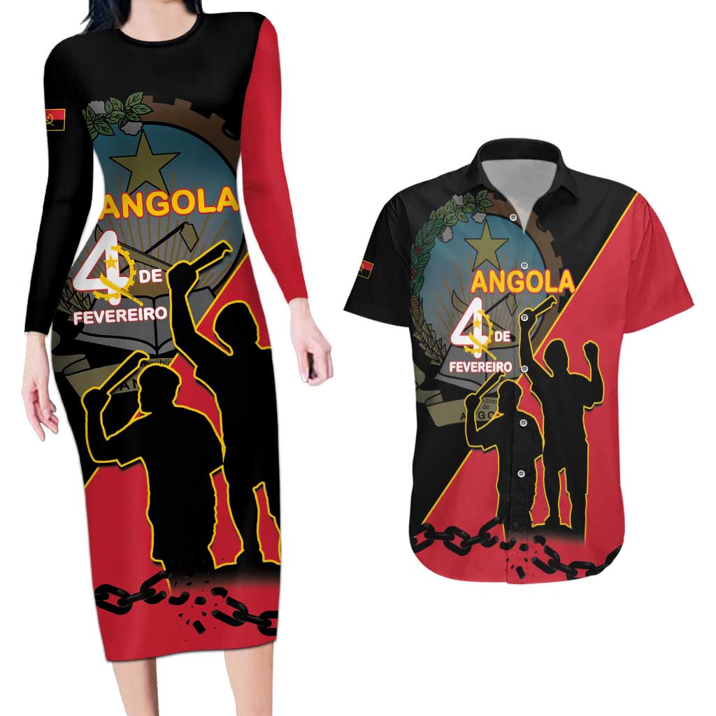 Personalised Angola Day of the Armed Struggle Couples Matching Long Sleeve Bodycon Dress and Hawaiian Shirt 4 De Fevereiro - Wonder Print Shop