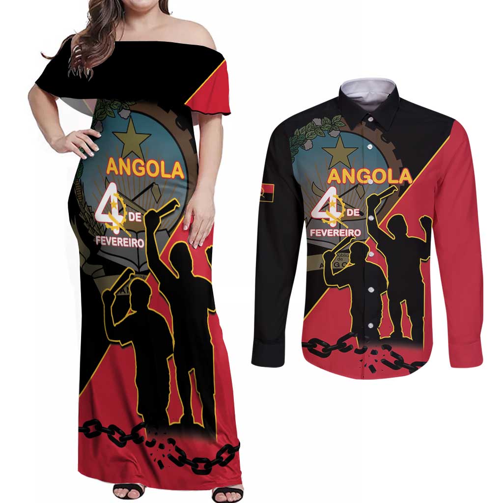 Personalised Angola Day of the Armed Struggle Couples Matching Off Shoulder Maxi Dress and Long Sleeve Button Shirt 4 De Fevereiro - Wonder Print Shop