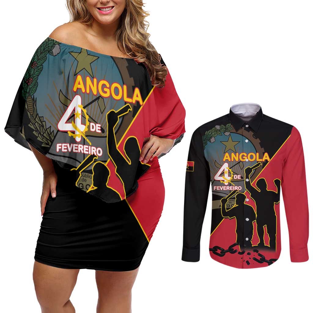 Personalised Angola Day of the Armed Struggle Couples Matching Off Shoulder Short Dress and Long Sleeve Button Shirt 4 De Fevereiro - Wonder Print Shop