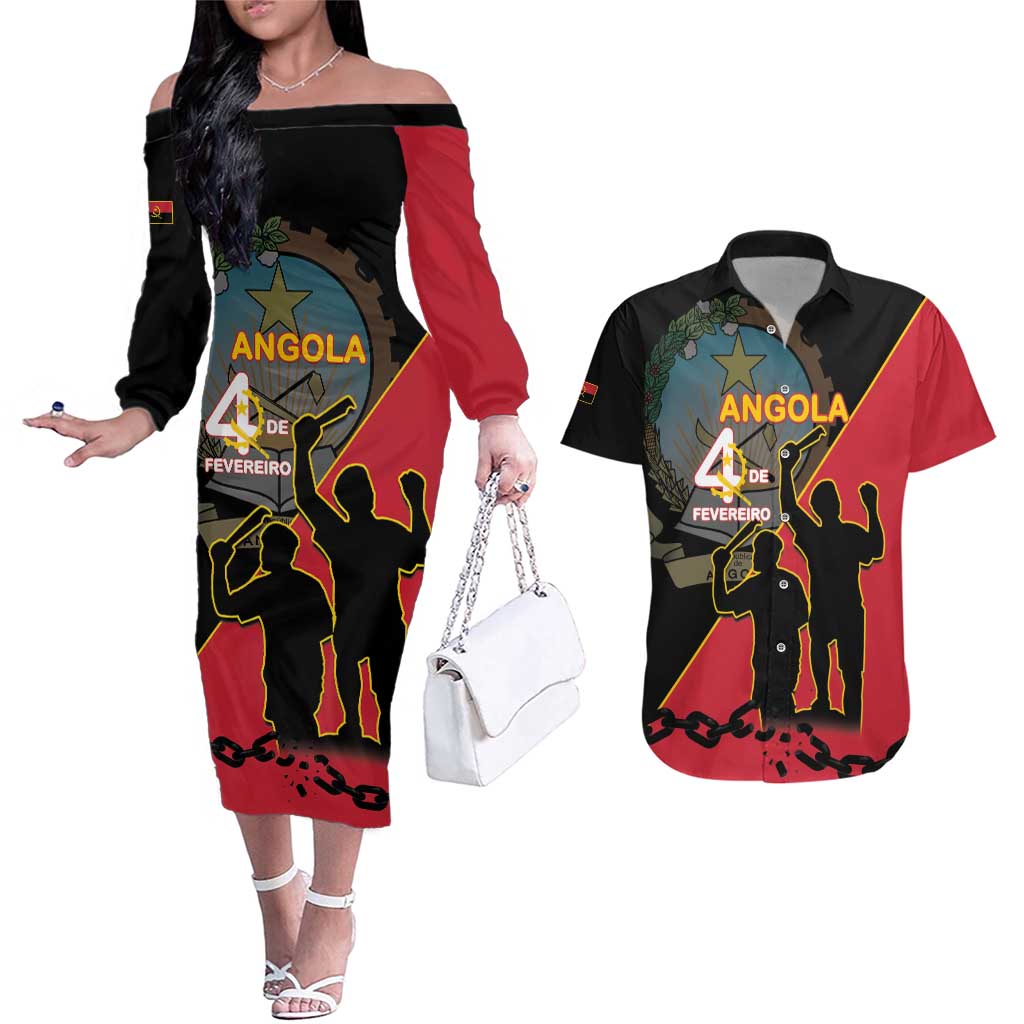 Personalised Angola Day of the Armed Struggle Couples Matching Off The Shoulder Long Sleeve Dress and Hawaiian Shirt 4 De Fevereiro - Wonder Print Shop