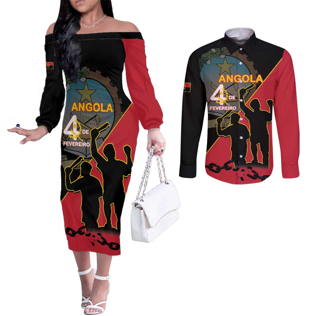 Personalised Angola Day of the Armed Struggle Couples Matching Off The Shoulder Long Sleeve Dress and Long Sleeve Button Shirt 4 De Fevereiro