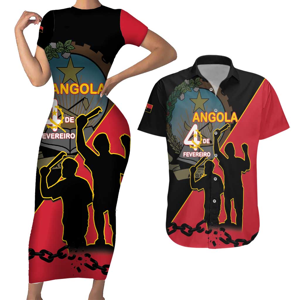 Personalised Angola Day of the Armed Struggle Couples Matching Short Sleeve Bodycon Dress and Hawaiian Shirt 4 De Fevereiro - Wonder Print Shop