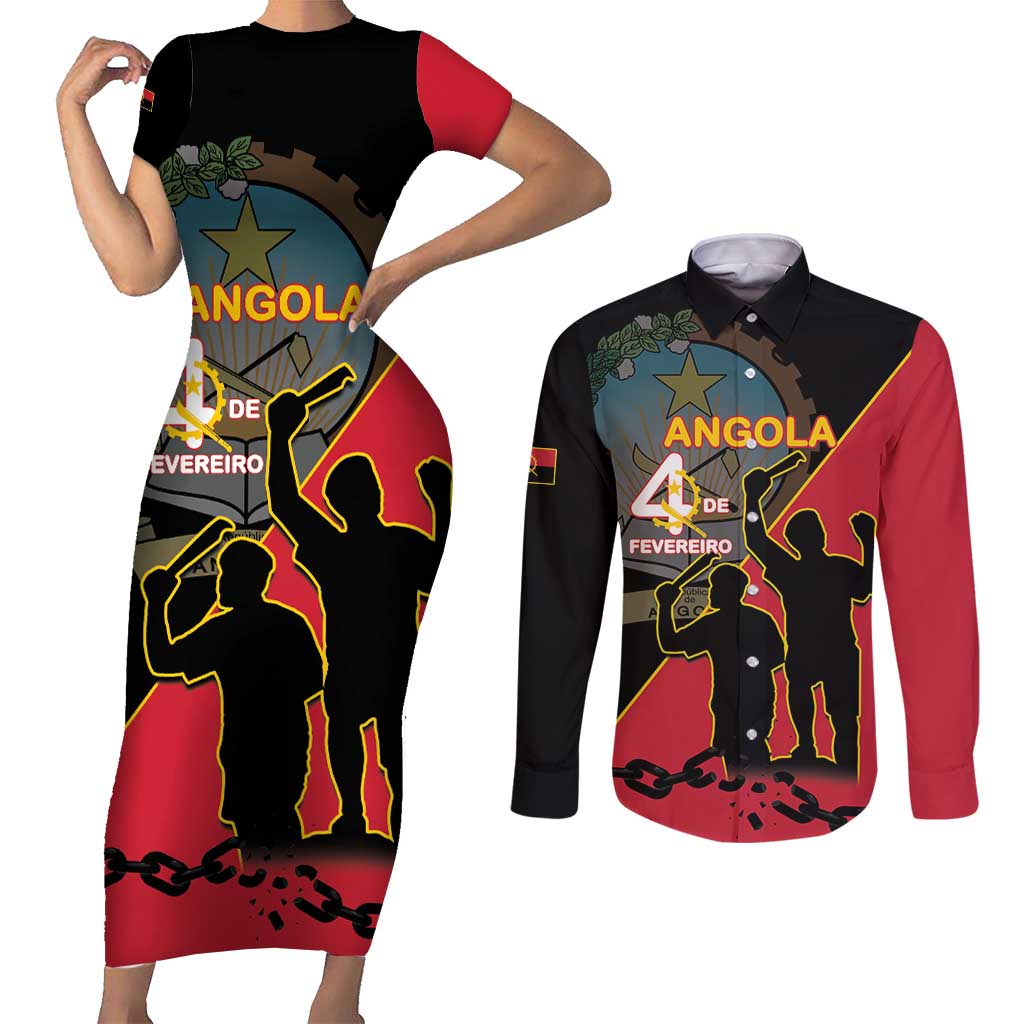 Personalised Angola Day of the Armed Struggle Couples Matching Short Sleeve Bodycon Dress and Long Sleeve Button Shirt 4 De Fevereiro - Wonder Print Shop