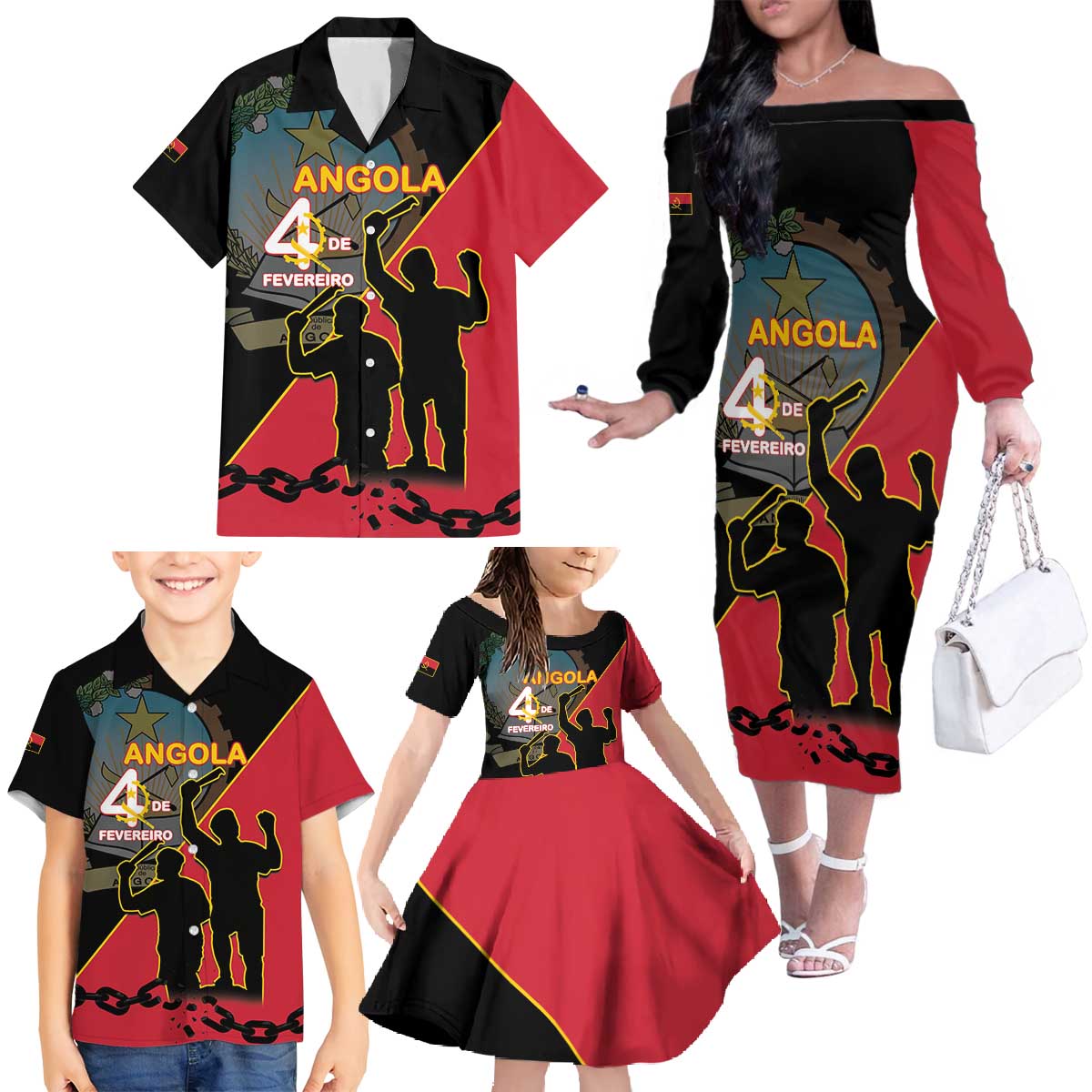 Personalised Angola Day of the Armed Struggle Family Matching Off The Shoulder Long Sleeve Dress and Hawaiian Shirt 4 De Fevereiro - Wonder Print Shop