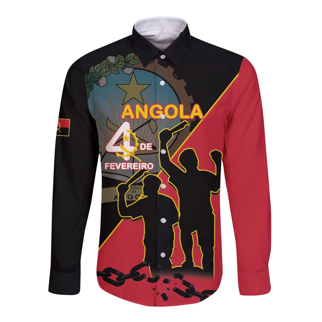 Long-sleeve button shirt with Angola front graphic, red and black, button-up collar