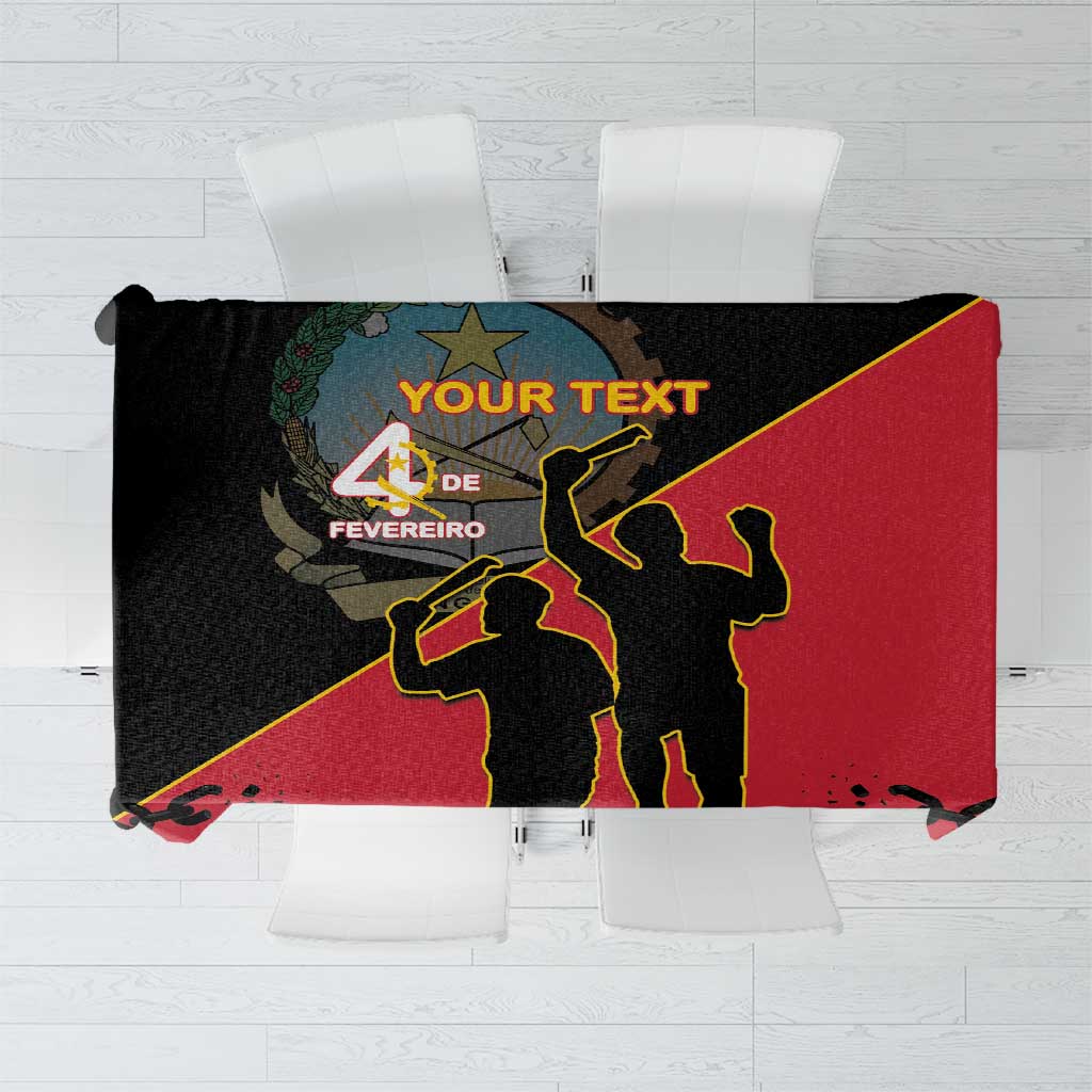 Red personalized tablecloth with black/yellow protest graphic and 'YOUR TEXT' placeholder
