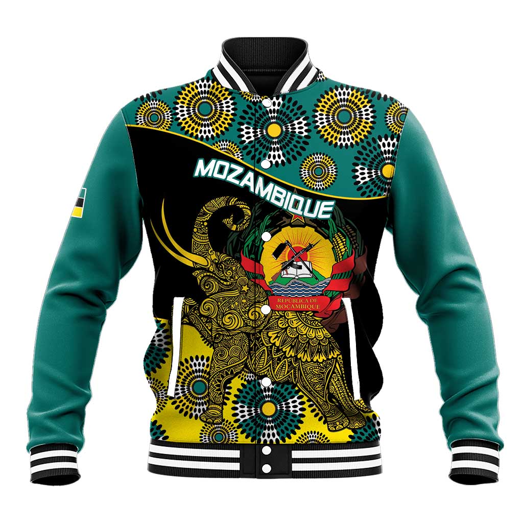 Green varsity baseball jacket with elephant crest graphic, gold patterns, striped cuffs